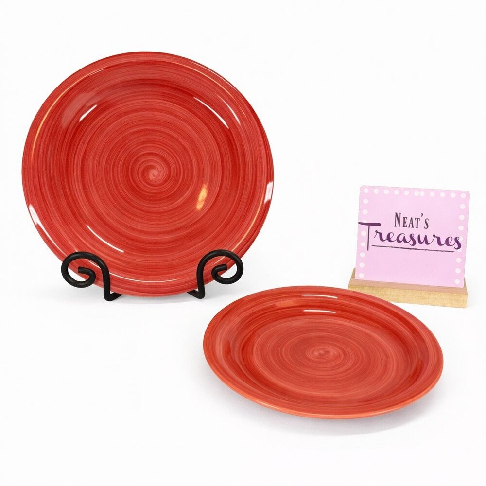 Citrus Grove RED SWIRL C8G1 Hand Paint Stoneware Round Dinner Plates Set Of 2